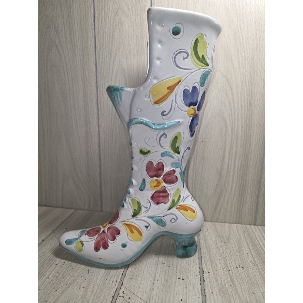 Vintage Victorian High Heel Boot Vase/Planter Ceramic Italy Floral Heritage 13"